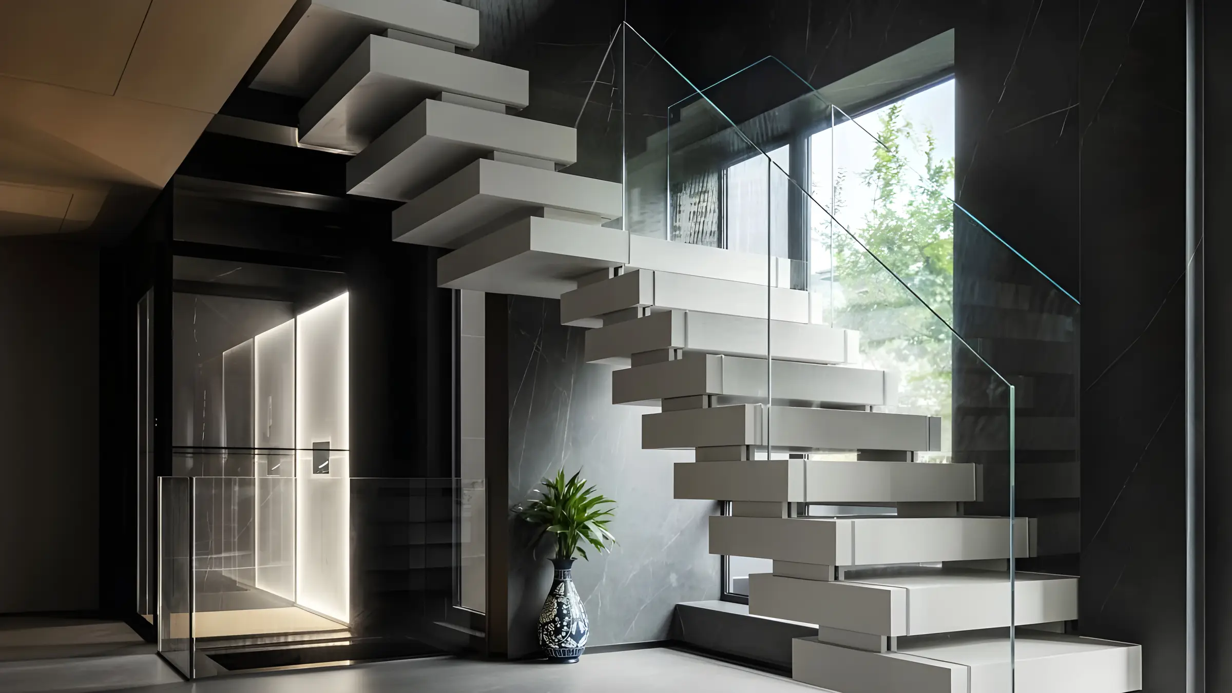 A glass-fronted platform lift installed beside a cantilevered staircase in a dark marble hallway.