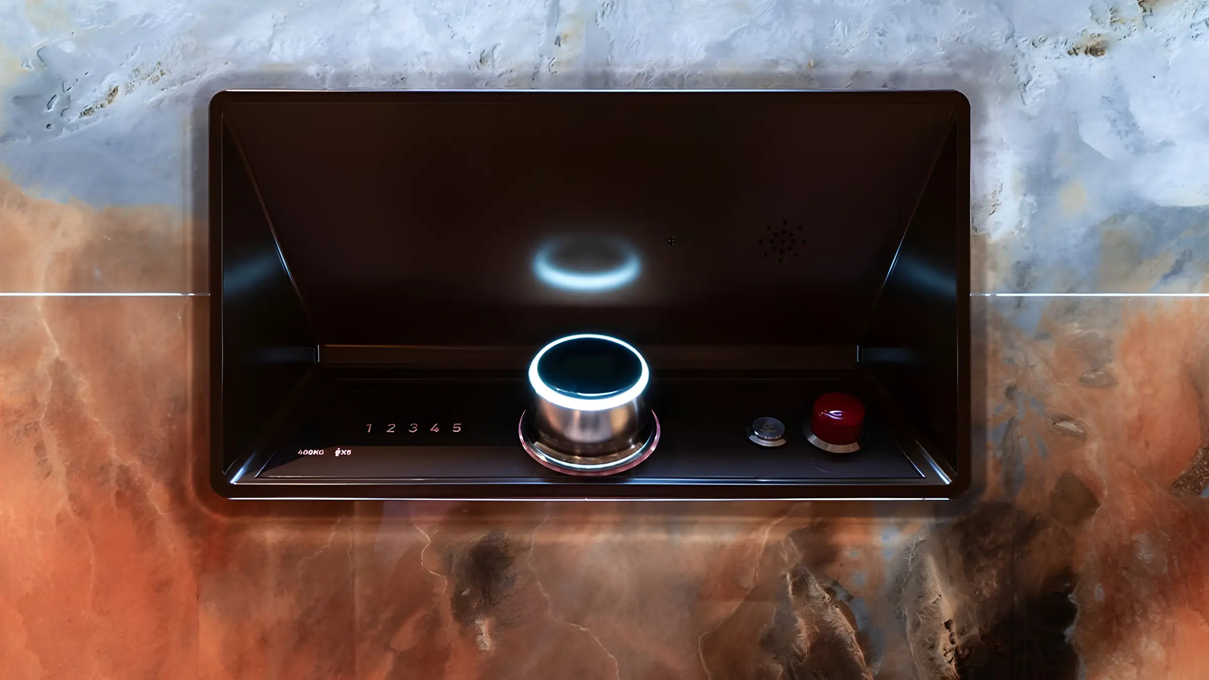 A lift control panel set into a marble wall, with a round illuminated call button.